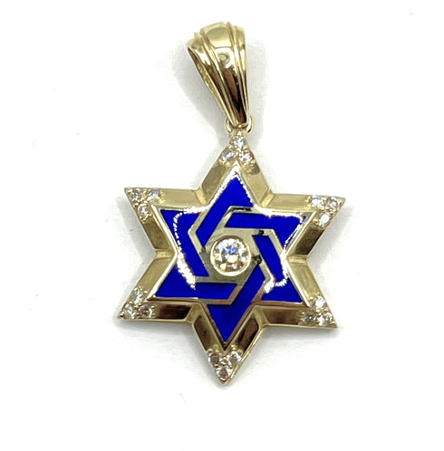 14K Gold & Diamond With Blue Enamel Star of David Necklace